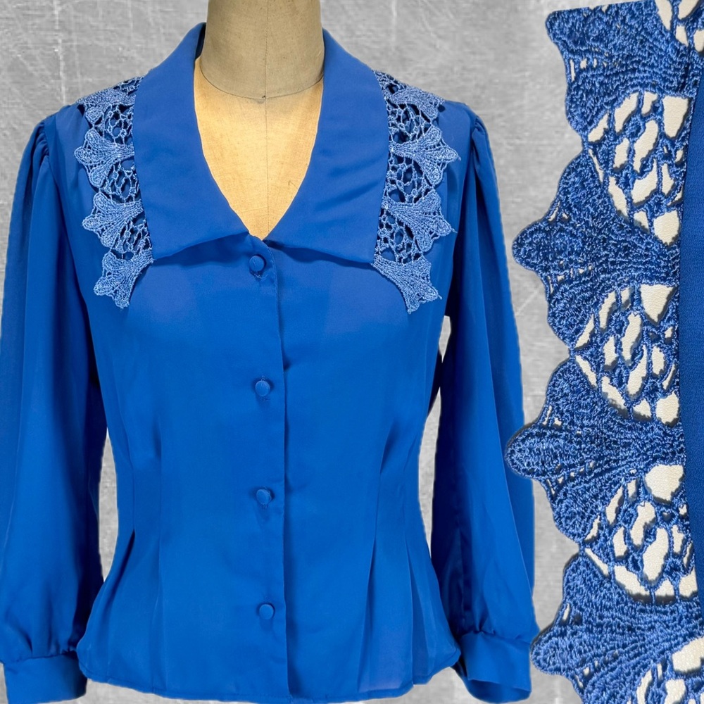 VINTAGE 80s cobalt blue blouse ruffle crochet lace collar‎ tailored long sleeve